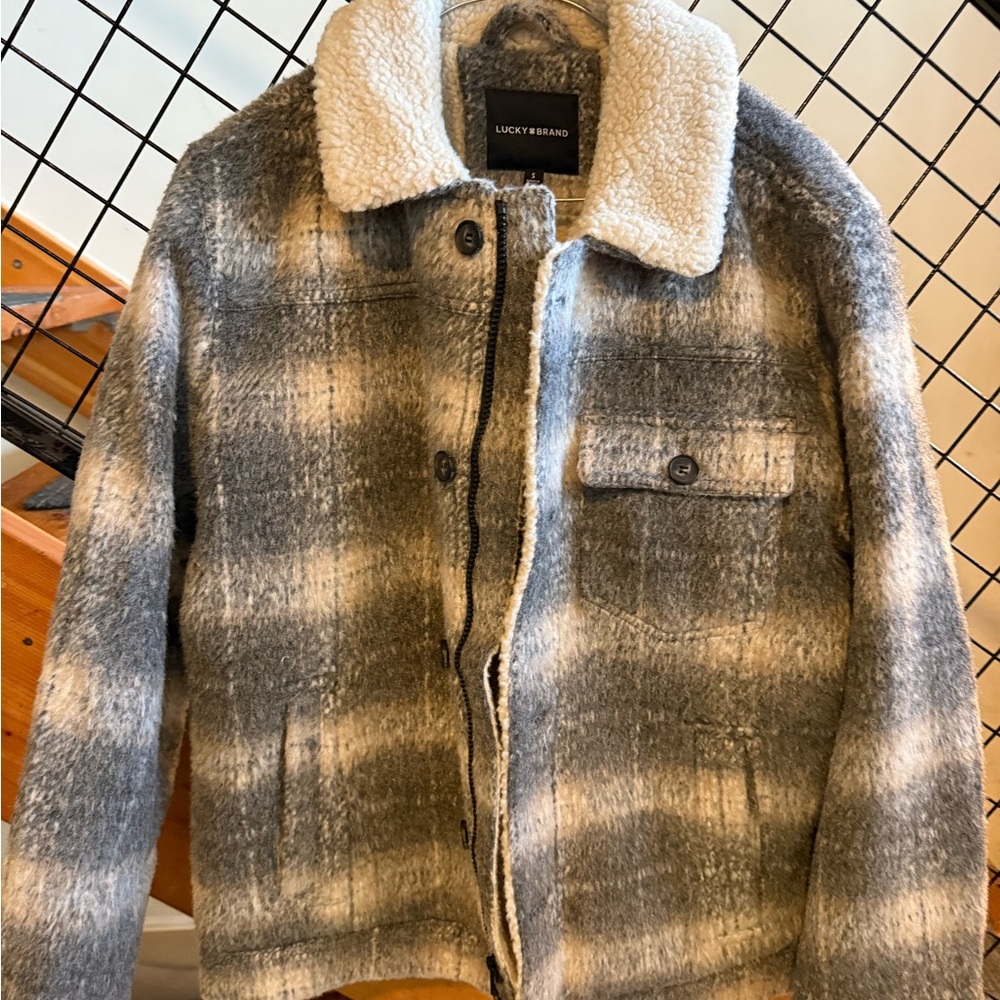 Lucky Brand Gray and White Plaid Shirt Jacket with Fuzzy Collar